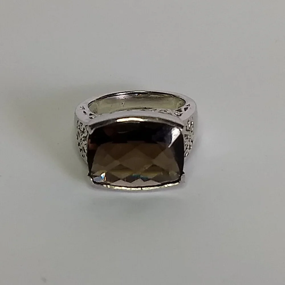 Chocolate Brown Faceted Stone Ring Openwork Sides Silver Tone Ring Size 6.5